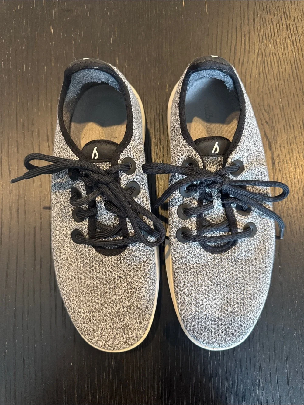Allbirds heather gray and black knit lace up low top tennis shoes. Size 9.